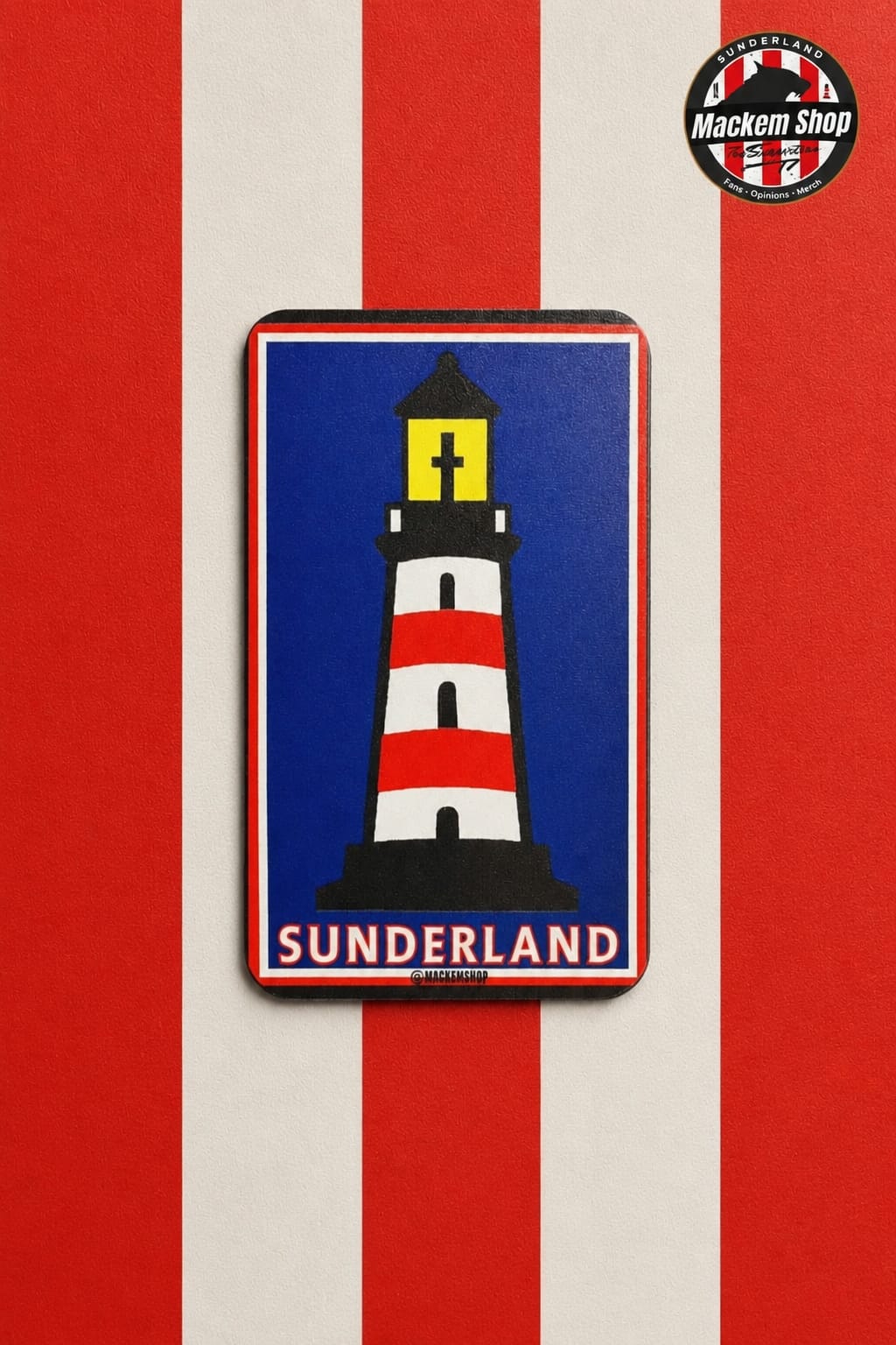 Sunderland Lighthouse fridge magnet on a red and white themed Sunderland AFC Fridge.