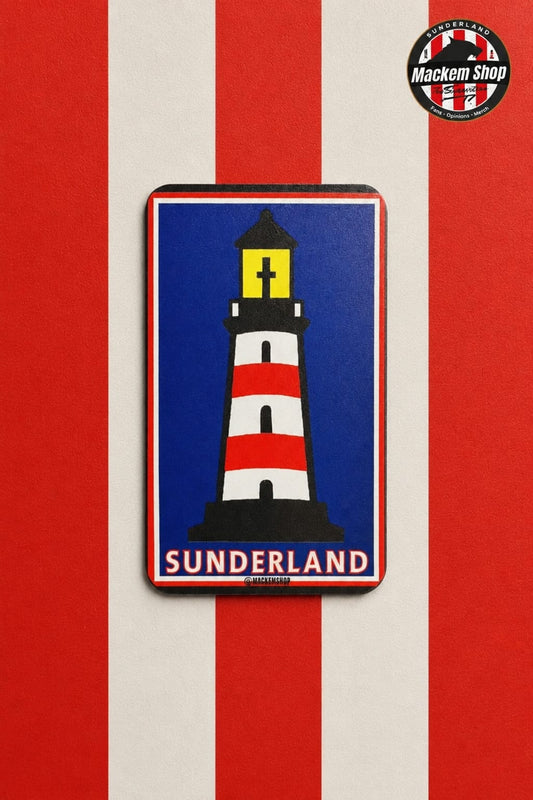 Sunderland Lighthouse fridge magnet on a red and white themed Sunderland AFC Fridge.
