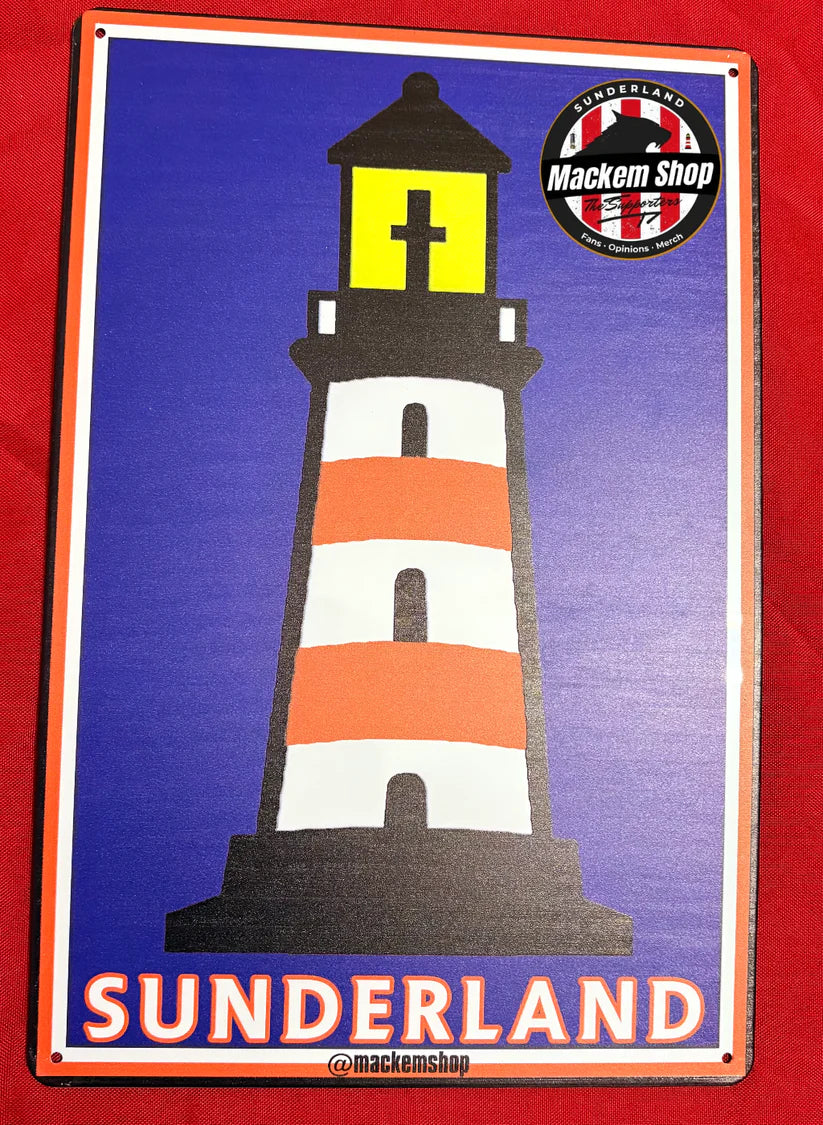 Lighthouse sign with 'Sunderland' text on a blue background