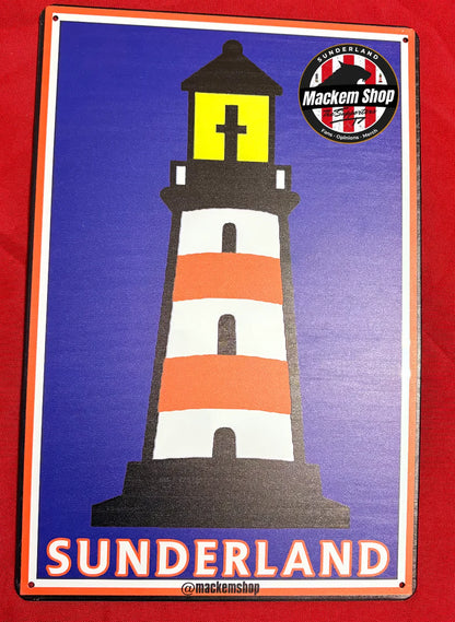 Lighthouse sign with 'Sunderland' text on a blue background
