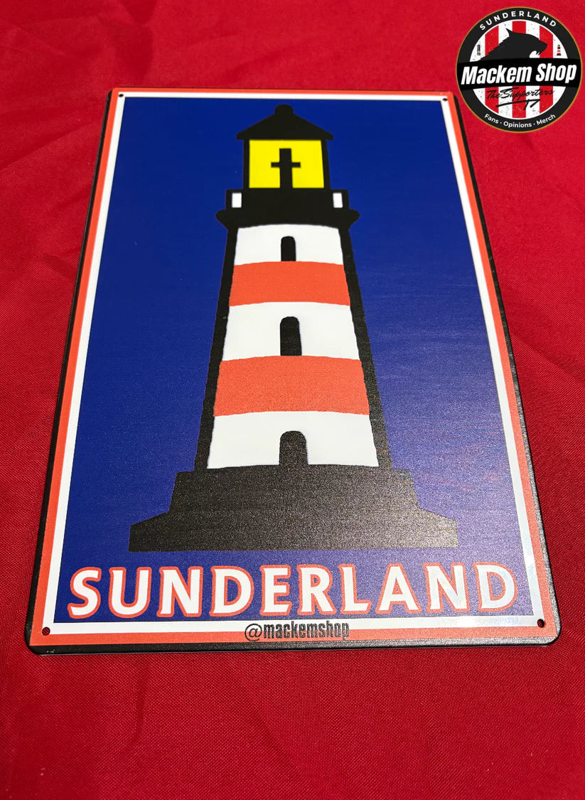 Lighthouse sign with 'Sunderland' text on a red background