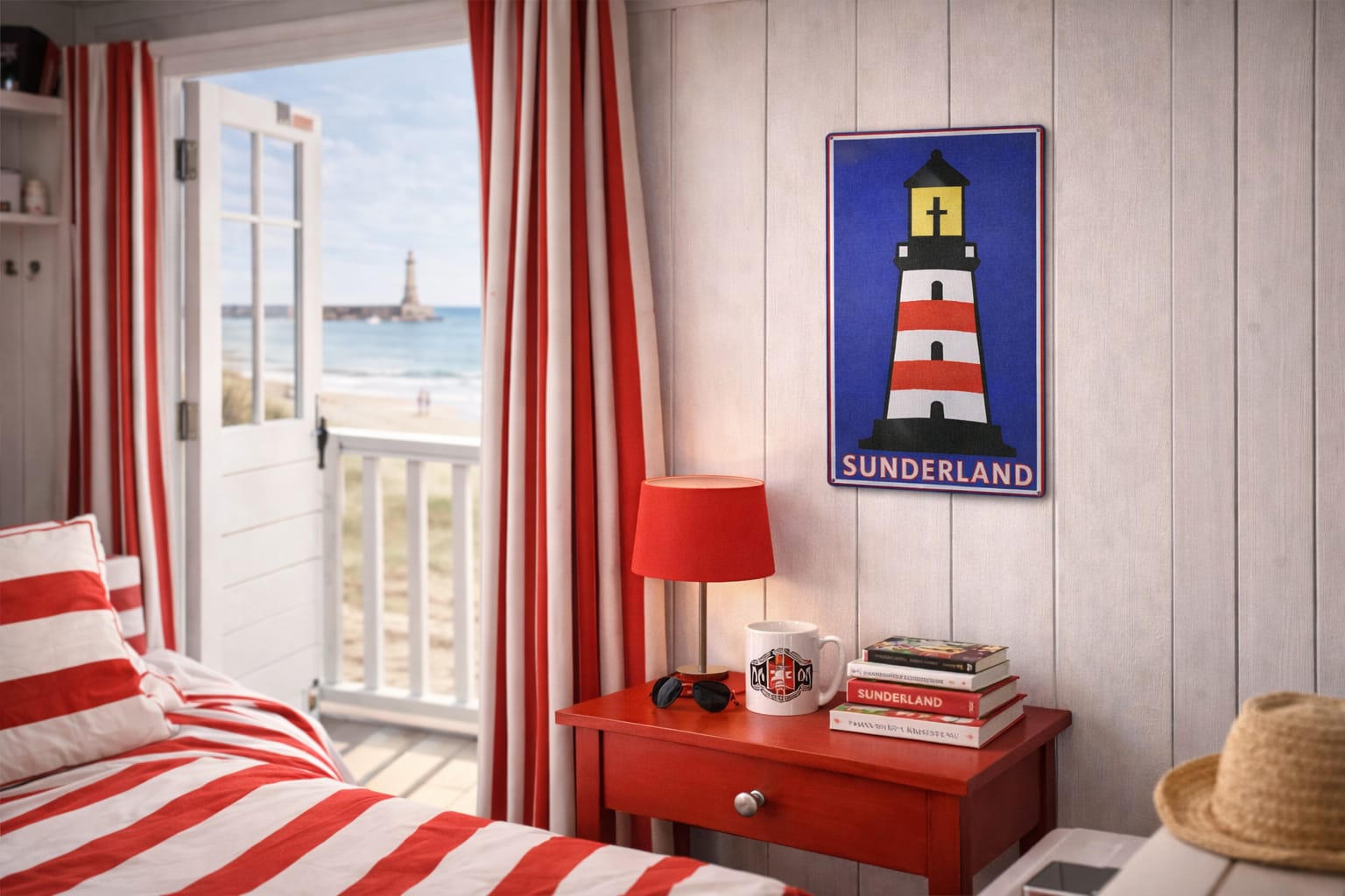Nautical-themed bedroom with red and white striped bed, red nightstand, and lighthouse Metal sign by Mackem shop.