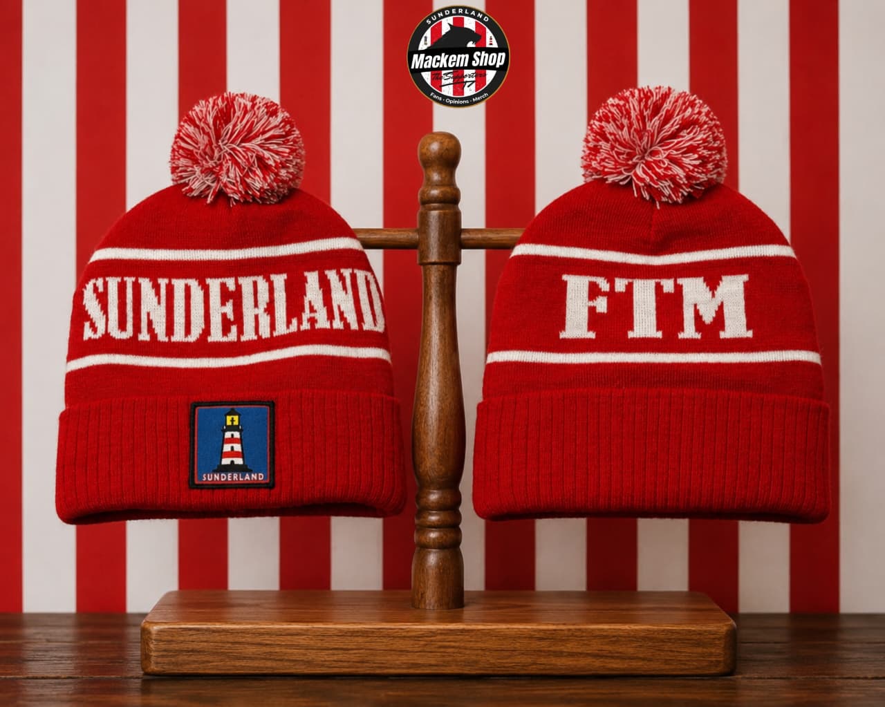 Two red knit beanie hats displayed on a wooden stand against a red and white striped background. The left hat reads "SUNDERLAND" in white, and the right hat reads "FTM" in white.