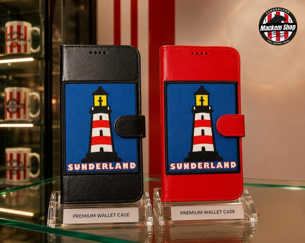 Sunderland Lighthouse iPhone 17 Pro Max Wallet Case cover by MackemShop in red and black colour.