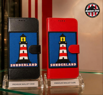 Sunderland Lighthouse iPhone 17 Pro Max Wallet Case cover by MackemShop in red and black colour.