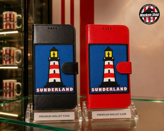 Sunderland Lighthouse iPhone 17 Pro Max Wallet Case cover by MackemShop in red and black colour.