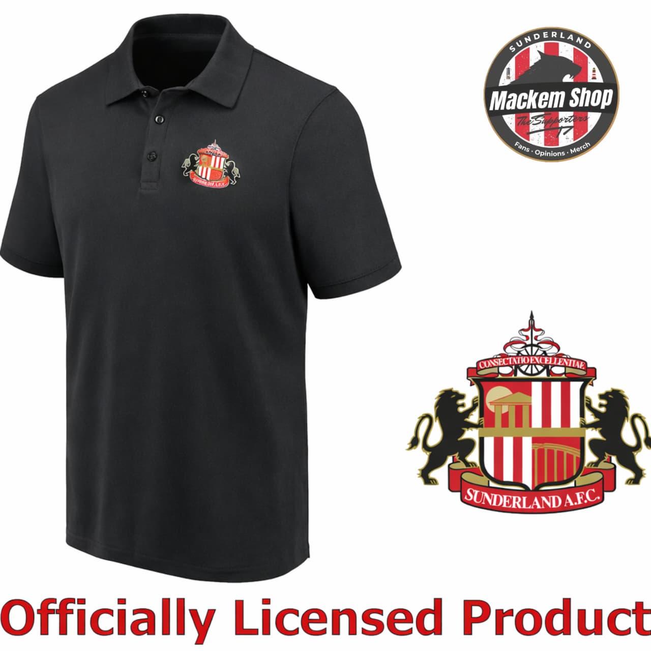 Black polo shirt with Sunderland AFC logo and 'Mackem Shop' branding on a white background.