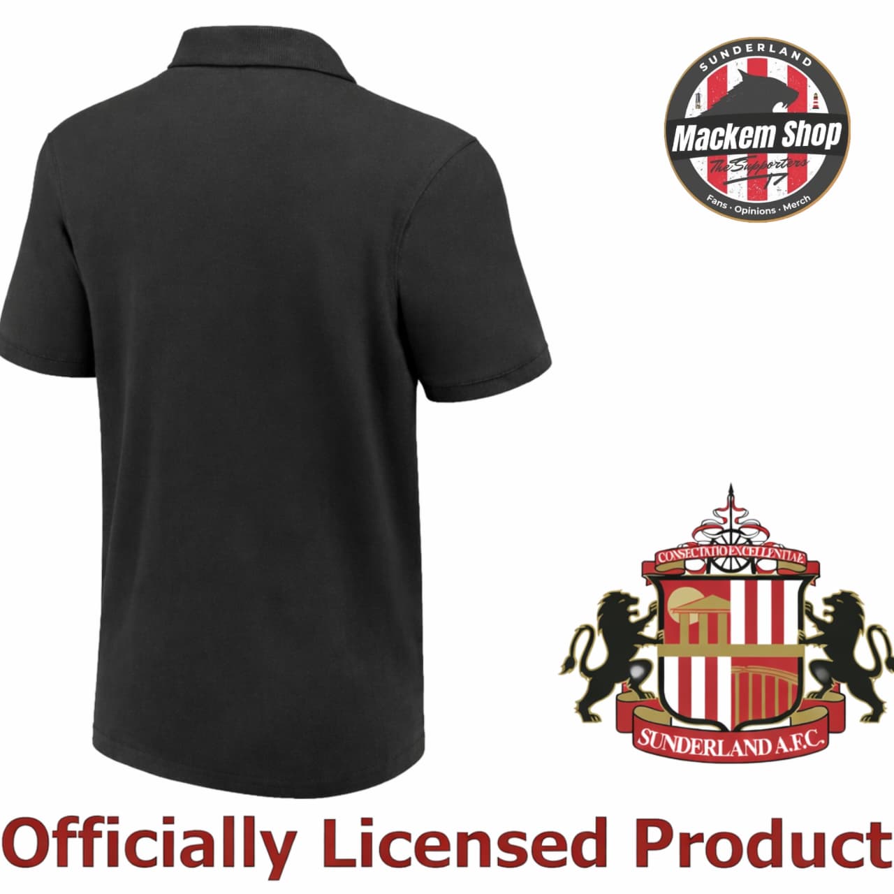 Black polo shirt with Sunderland AFC logo on a white background