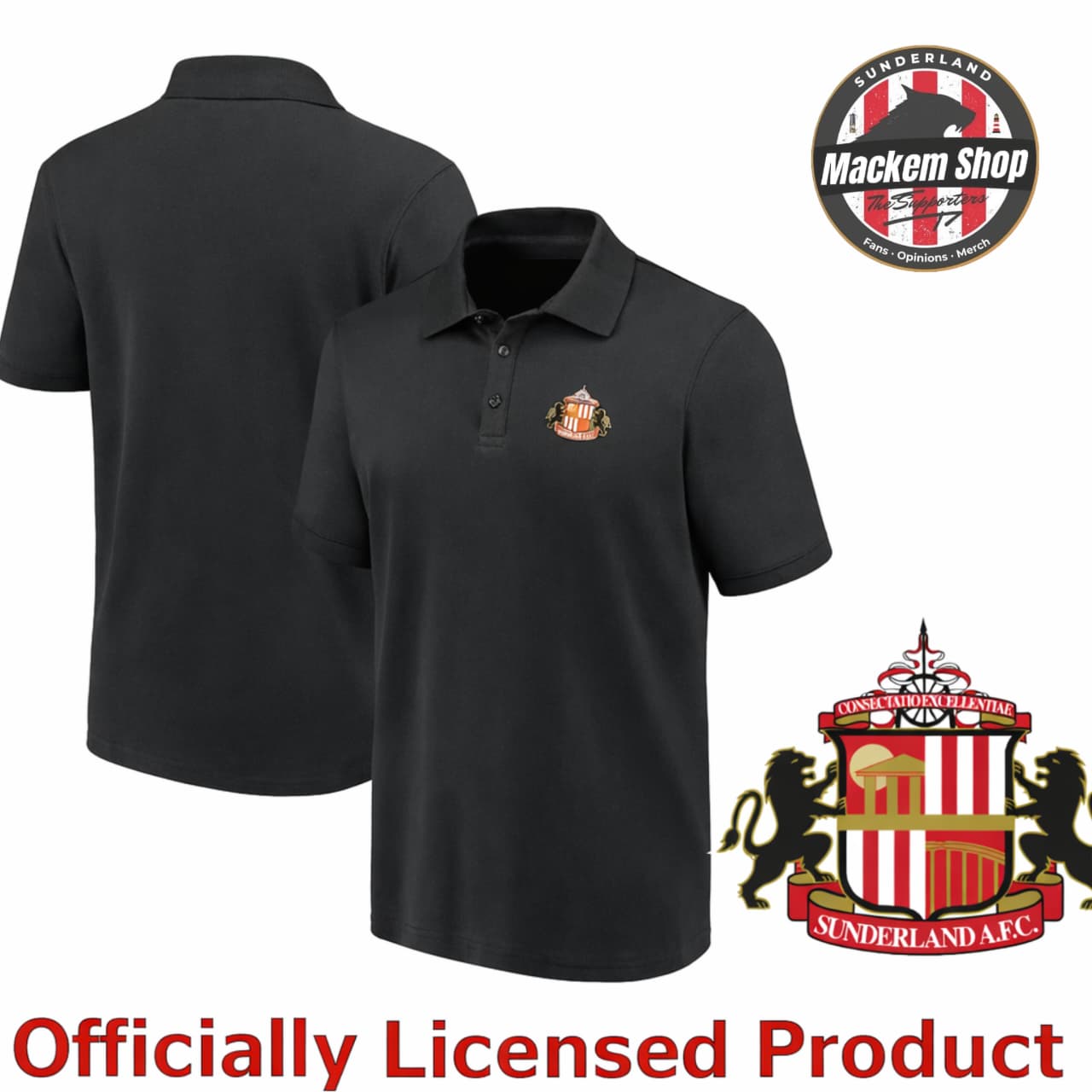 Black polo shirt with a logo, featuring the Sunderland AFC crest, on a white background.