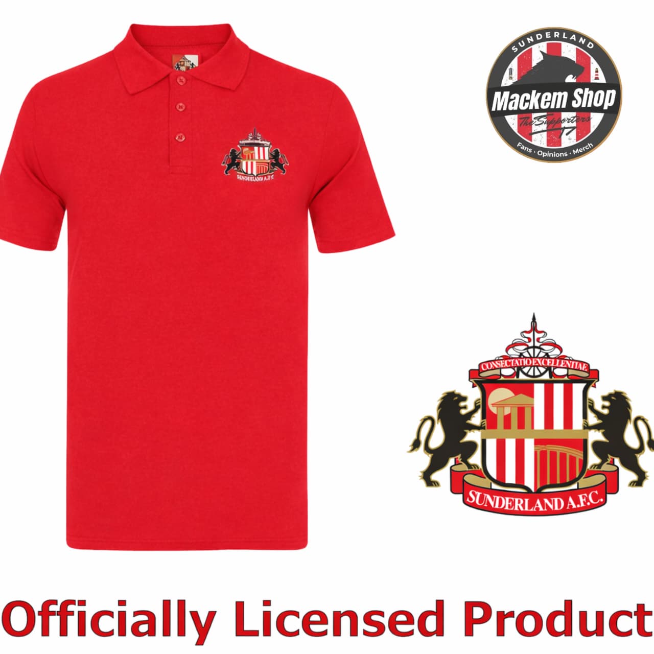 Red polo shirt with Sunderland logo and 'Mackem Shop' branding on a white background