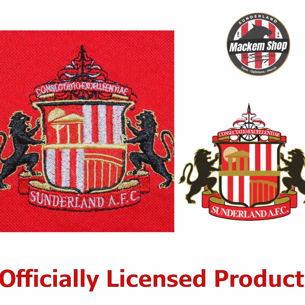 Sunderland AFC logo on a red background with 'Mackeen Shop' branding.