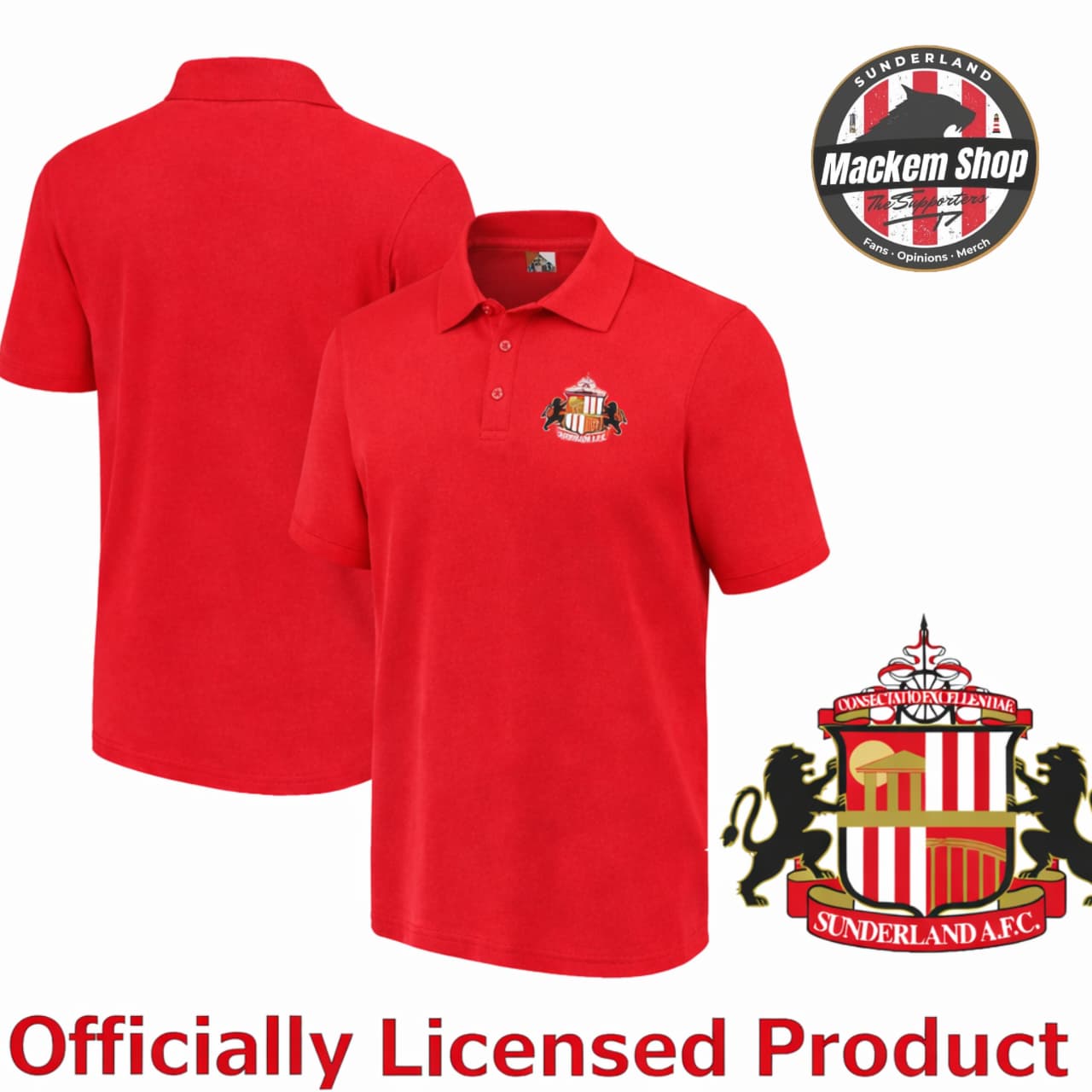 Red polo shirt with Sunderland AFC logo on front and 'Mackem Shop' and 'Sunderland AFC' logos in background.