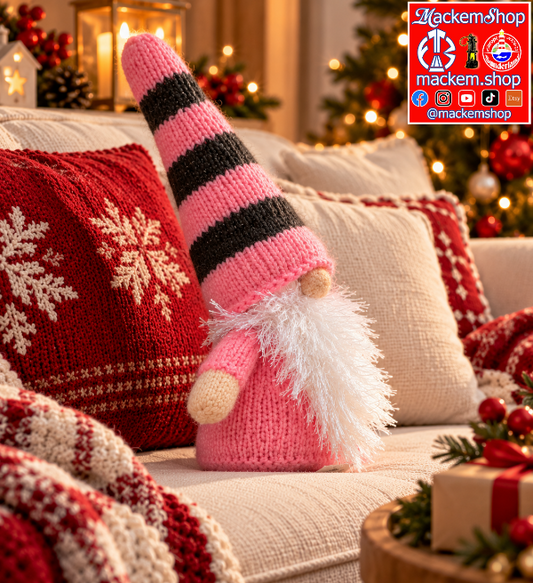 A pink and black striped knit gonk with a fluffy white beard sits on a cream sofa surrounded by red and cream knit pillows and holiday decorations in the background.