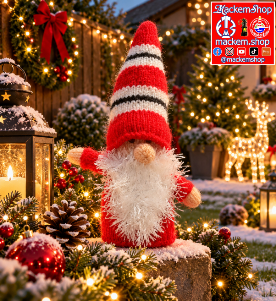 A red and white knitted gonk is on a stone in the garden with Christmas decorations around it. A MackemShop logo is visible on top right corner.