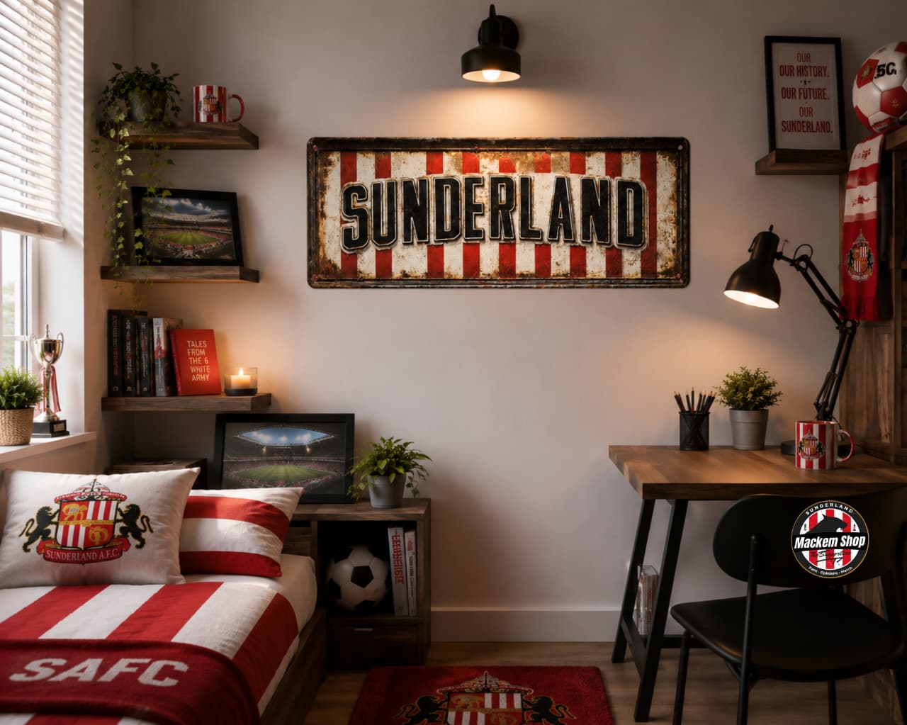 Room interior with 'Sunderland' themed Metal sign, including a bed, desk, and wall art.