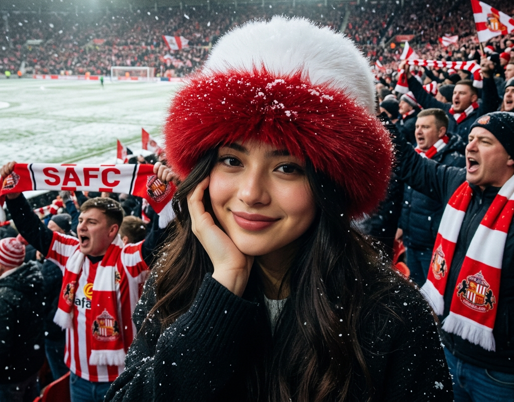 A woman wearing a Mongolia Branch winter hat with a white top and a wide red faux-fur brim, photographed indoors. A red and black 'MackemShop' logo overlay is visible in the top right corner.