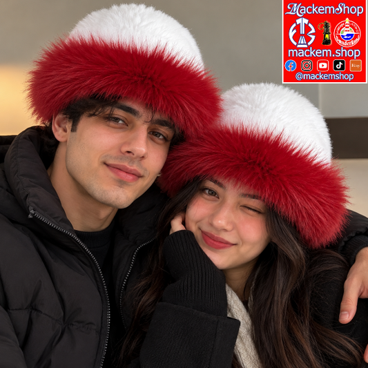 Two people wearing matching red and white faux fur hats, posing closely together. The man wears a black puffer jacket, and the woman wears a black knit top, and a MackemShop logo is on the top right corner.