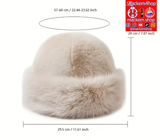 A beige faux fur hat with a wide fluffy brim, shown with dimension lines and text indicating measurements of 57-60 cm in width and 20 cm in height, plus a Mackem Shop logo in the top right corner.