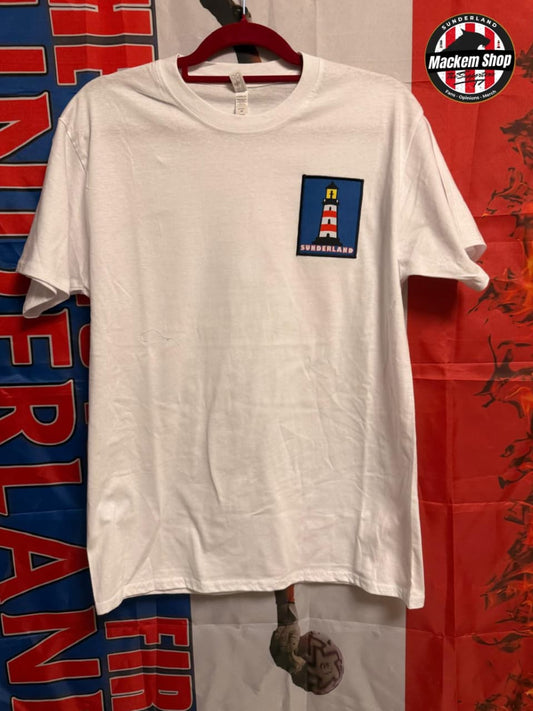 White t-shirt with a logo on a hanger against a colorful background