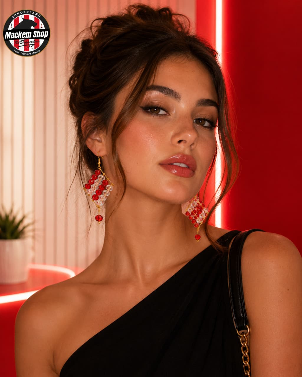 Sunderland Red & White Crystal Earrings worn by a model.
