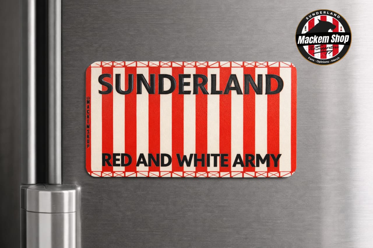 Fridge magnet with 'Sunderland' and 'Red and White Army' text on a red and white striped background, attached to a refrigerator.