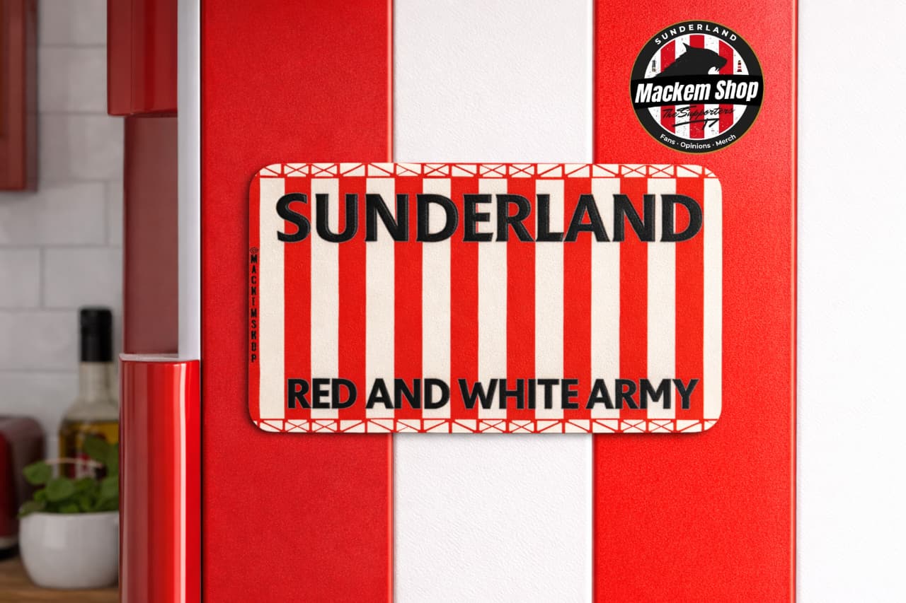 Red and white striped product with 'Sunderland' branding and text.