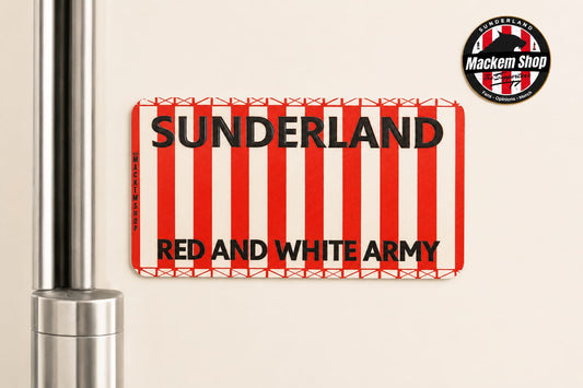 Rectangular sign with red and white stripes and 'Sunderland red and white army' text on a Fridge with beige background.