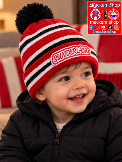 Sunderland Retro Striped Beanie worn by a toddler, with MackemShop logo visible on top right corner.