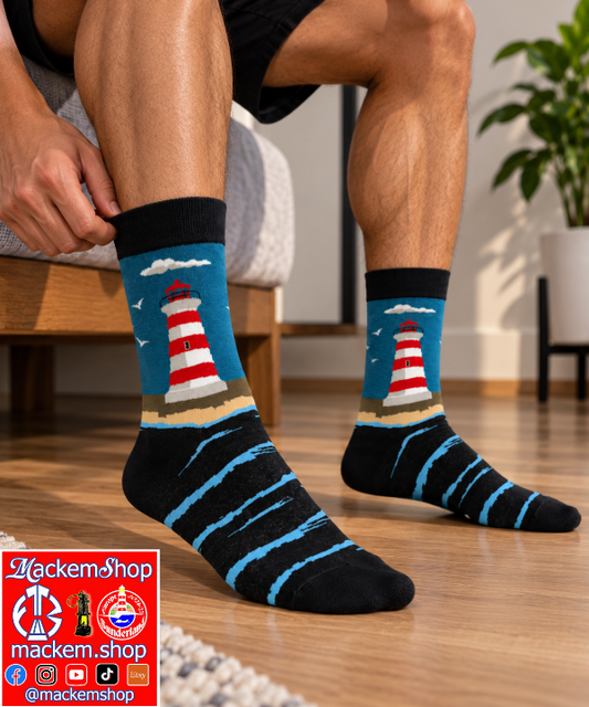 A person seated indoors wearing a pair of novelty crew socks with a lighthouse and beach scene on the upper cuff and blue-black striped feet. The photo is styled in a home setting with a plant and wooden floor visible and a MackemShop logo in the left down corner.