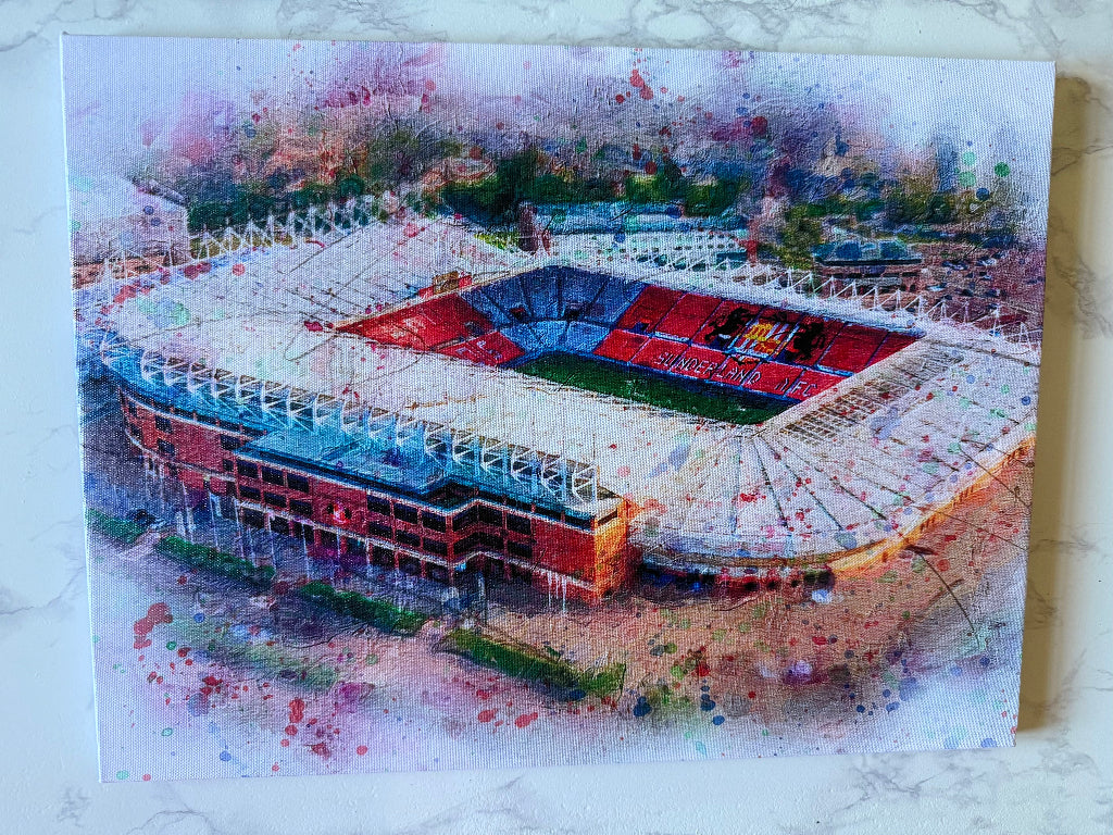 Artistic depiction of a stadium with colorful abstract design