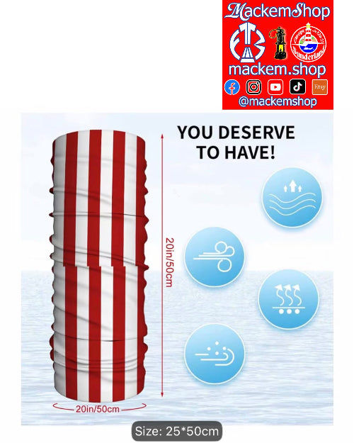 A red and white vertically striped neck gaiter or face covering shown on a light icy background with measurement labels, feature icons, and a prominent MackemShop logo banner at the top right.