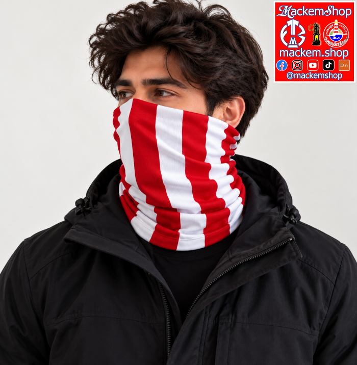 A man wearing a red and white vertically striped neck gaiter/balaclava mask over his nose and mouth, paired with a black jacket, against a light gray background. A 'MackemShop' logo overlay is visible in the top right corner.