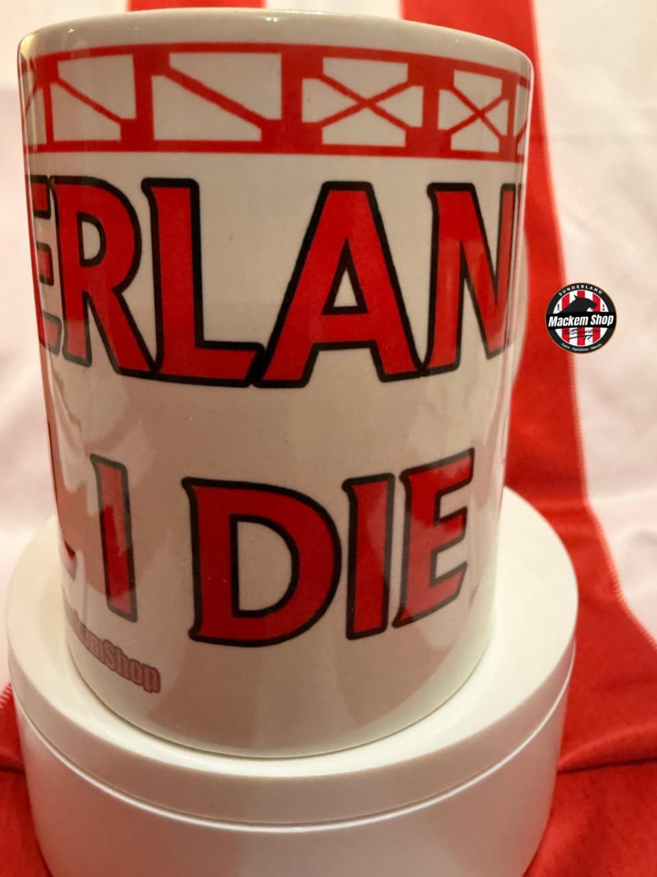 White mug with red text 'Sunderland Till I Die' on a red background
