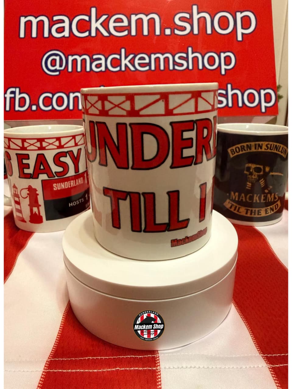 Mackem branded "Sunderland Till I Die" mug on a red and white checkered tablecloth.
