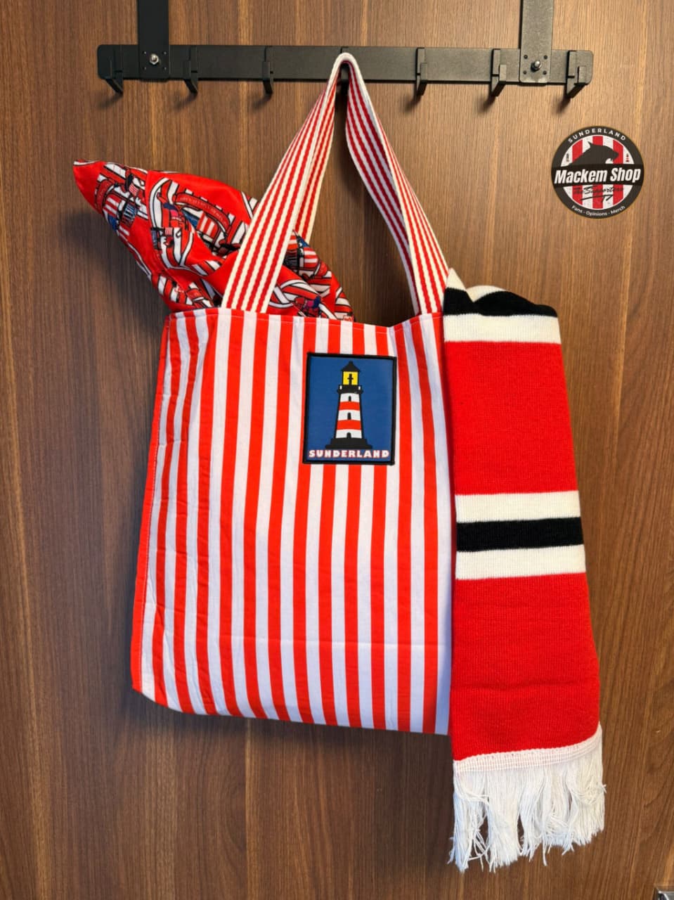 Sunderland tote bag filled with scarf and accessories showing capacity