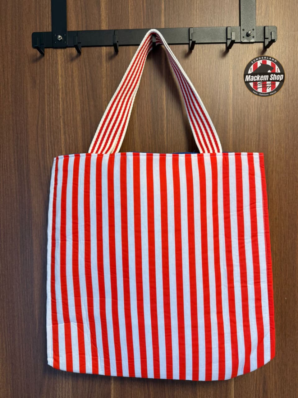 Sunderland tote bag plain back view with red and white stripes