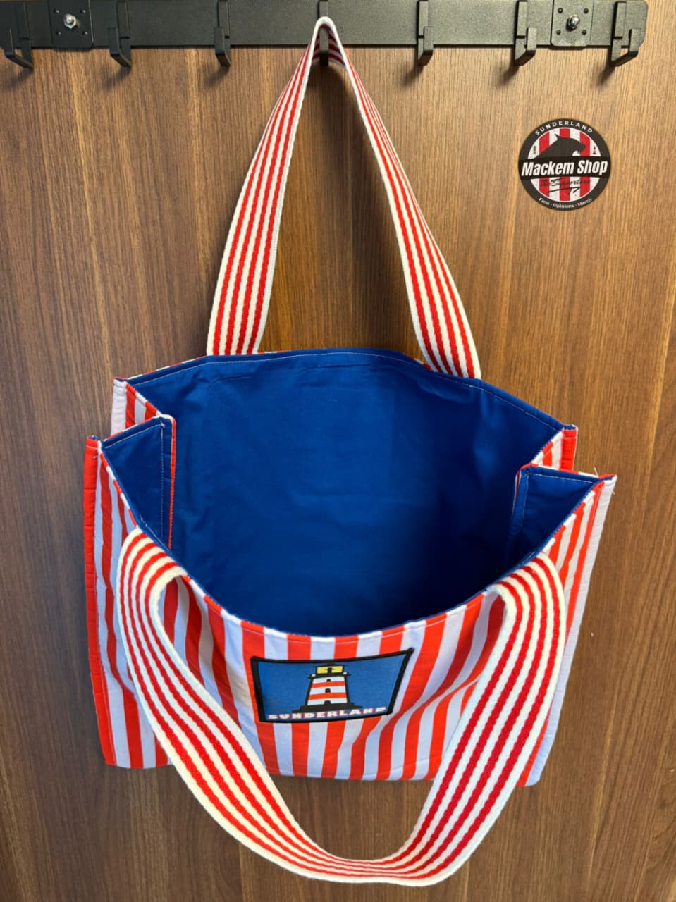 Sunderland tote bag top view showing blue inner lining and structure
