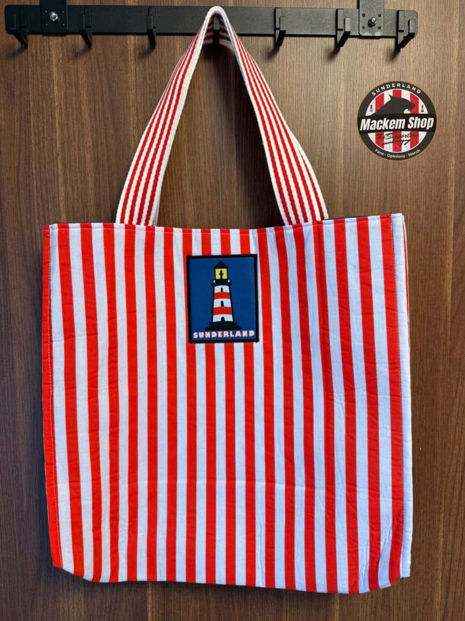 Sunderland tote bag full front view with striped design and lighthouse badge