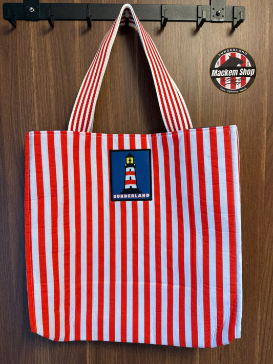 Sunderland tote bag full front view with striped design and lighthouse badge