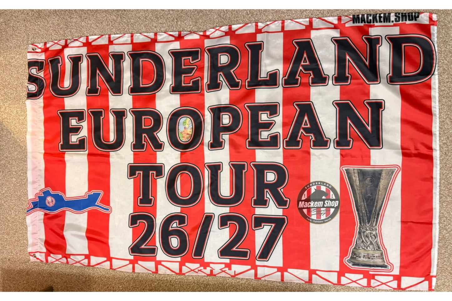 Sunderland European Tour 2026/2027 banner with red and white stripes and club logo.