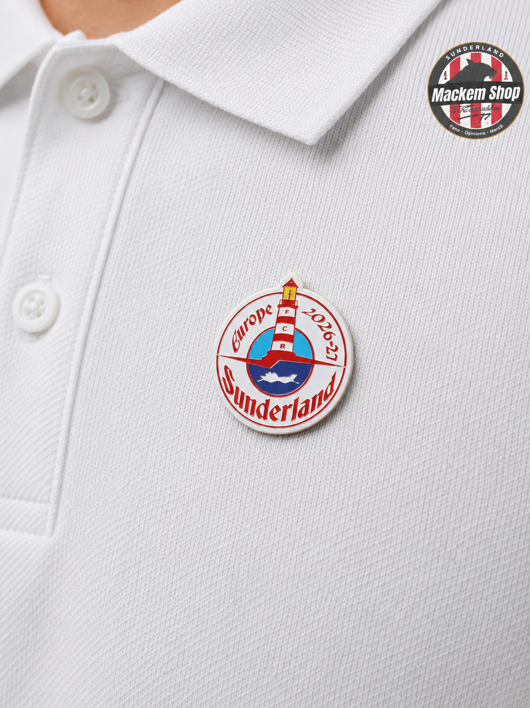 White polo shirt with Sunderland european tour lapel pin badge.