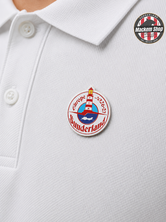 White polo shirt with Sunderland european tour lapel pin badge.