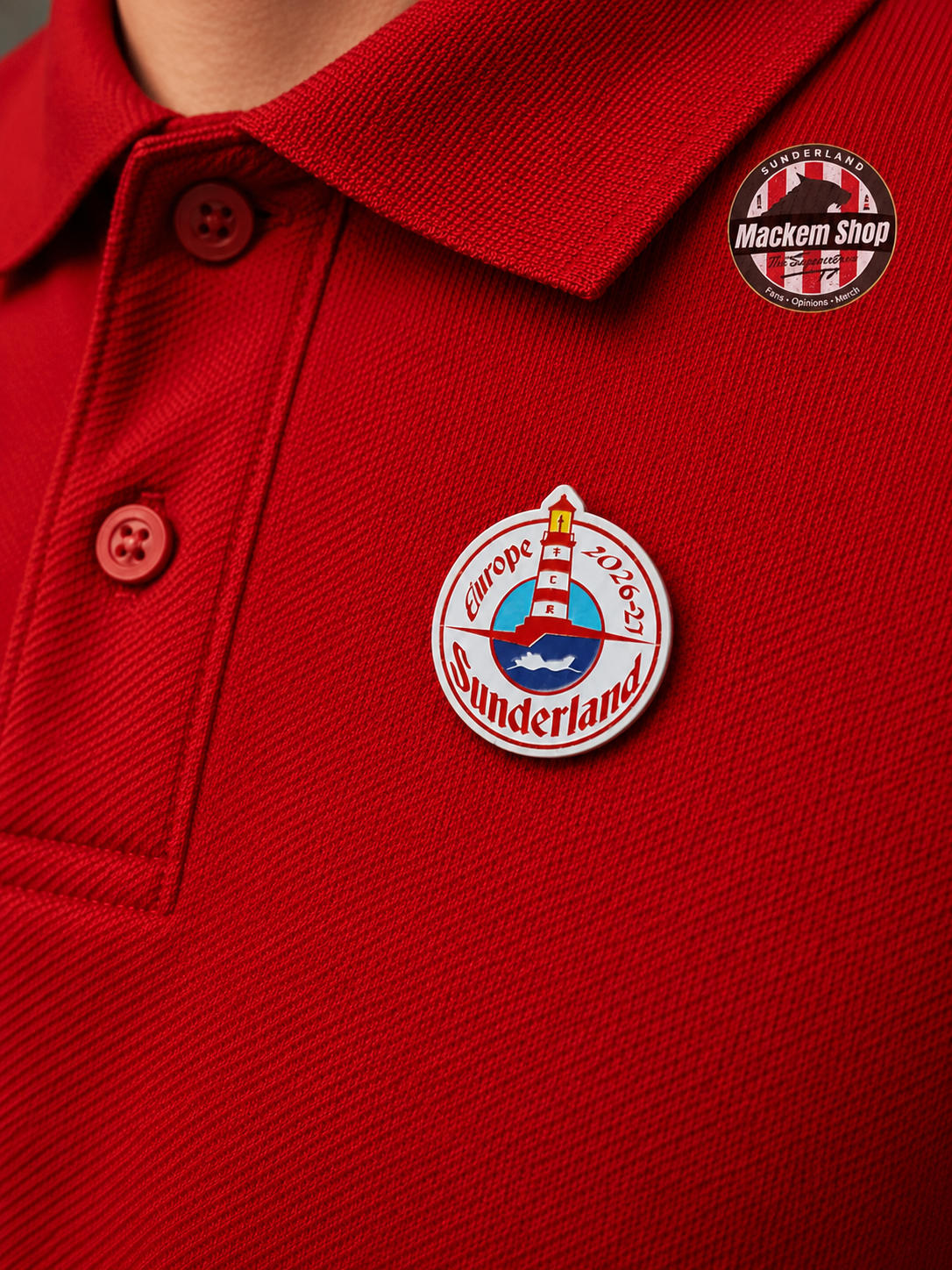 Red polo shirt with a Sunderland european tour lapel pin badge by mackemShop.
