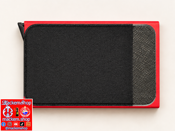 A slim black card holder wallet with a red border, shown closed on a light beige background. A small black pull tab is visible at the top-left corner, and a MackemShop logo is visible in left downside corner.