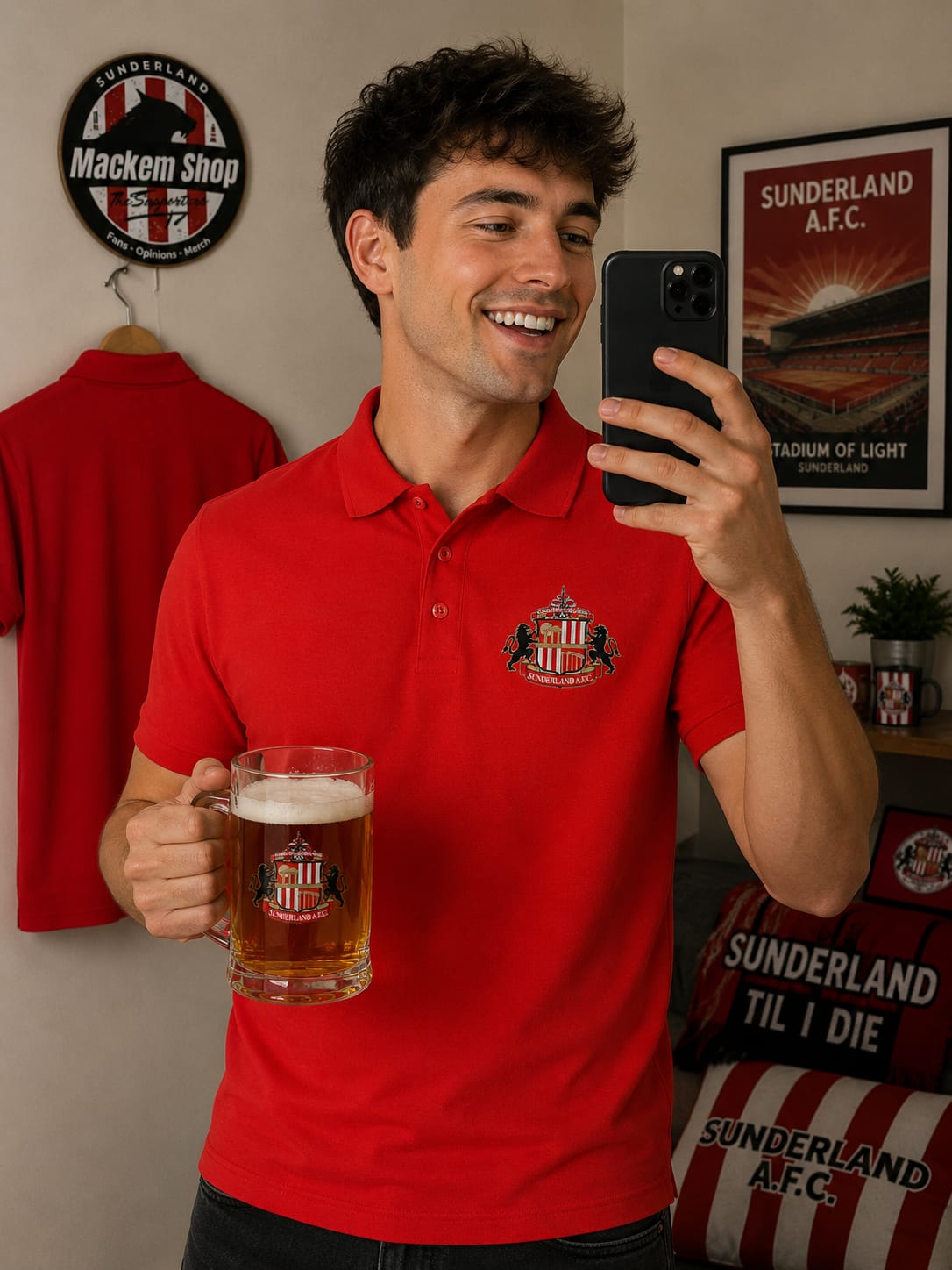 Man wearing a red polo shirt with a logo, holding a beer mug and taking a selfie.