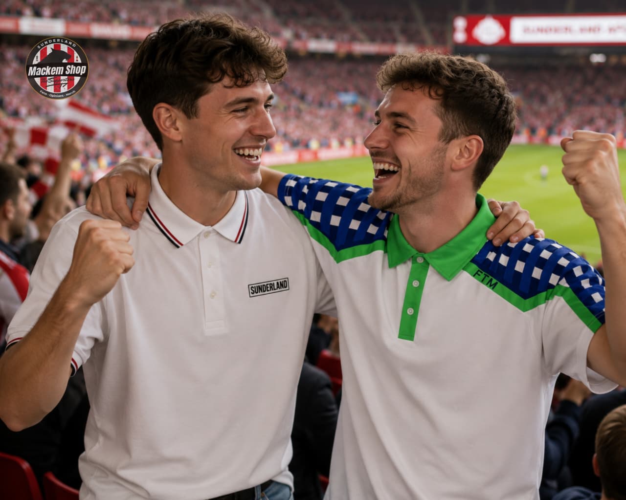 Two Friends enjoying in a football stadium wearing Sunderland and 1992 Golf polo shirts by Mackem Shop.