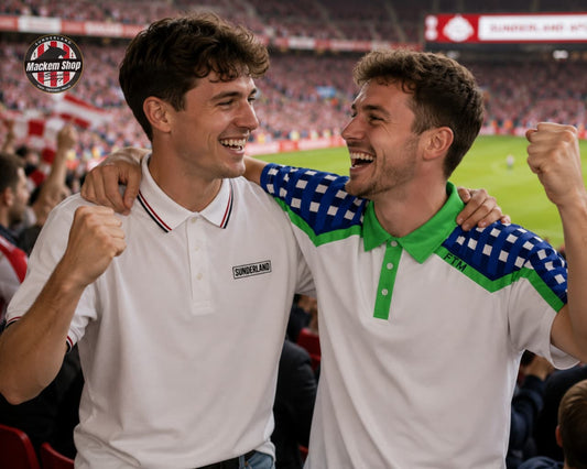 Two Friends enjoying in a football stadium wearing Sunderland and 1992 Golf polo shirts by Mackem Shop.