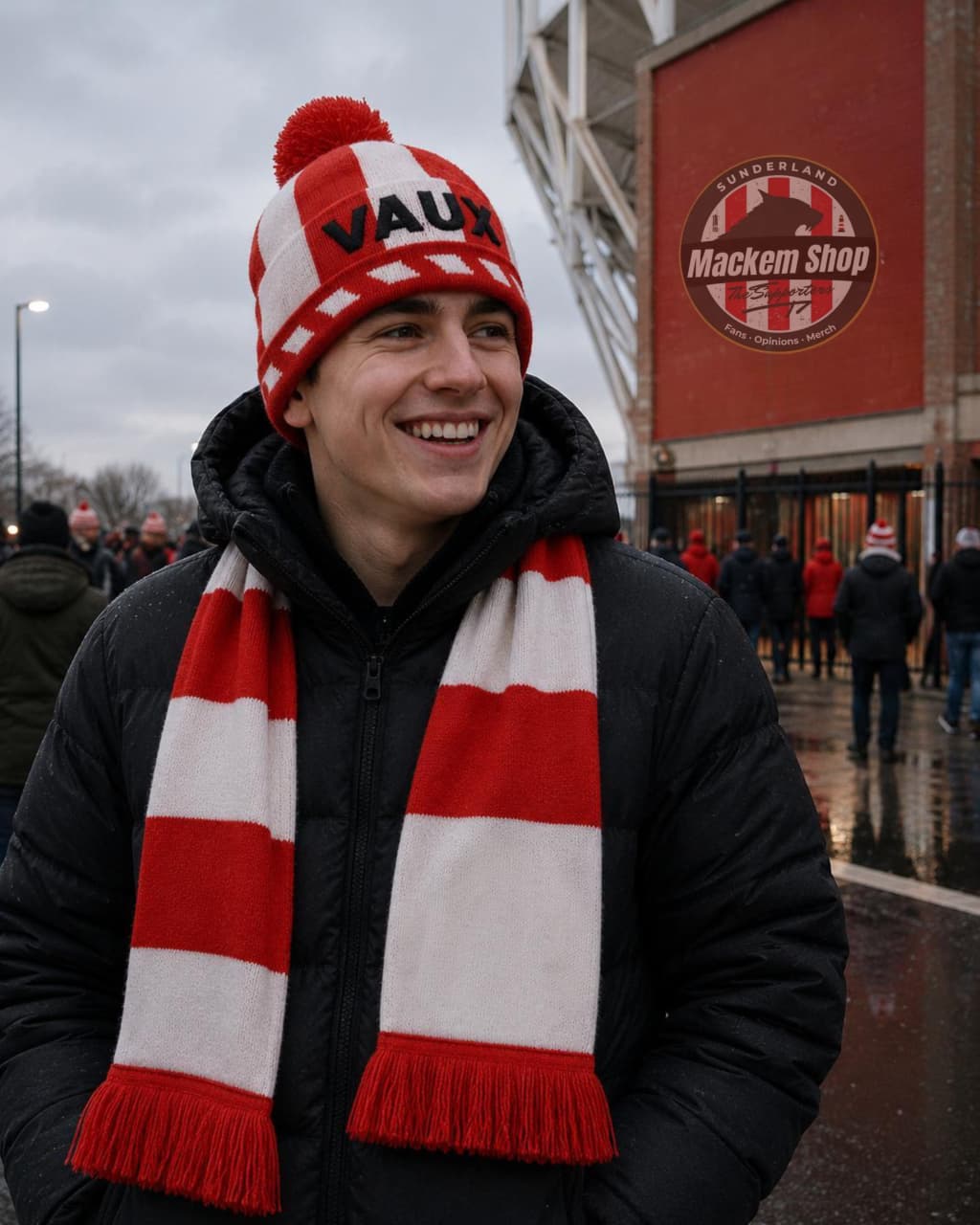 Person wearing a Vaux Hat and scarf in front of a building with 'Mackem Shop' branding.
