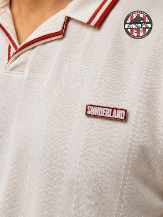 White shirt with red trim and 'Sunderland' pin badge, featuring MackemShop logo in the corner.
