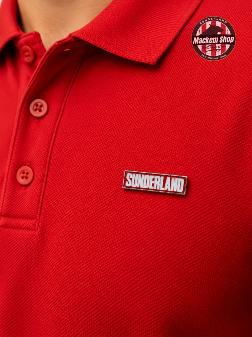 Red polo shirt with 'Sunderland' pin and MackemShop logo.